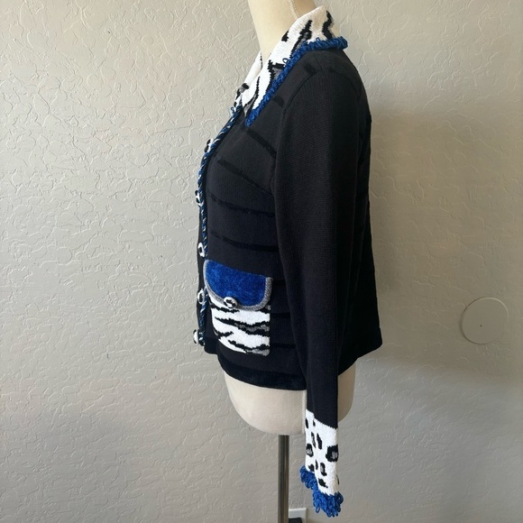 Vintage Jack B Quick Black Blue Animal Print Cardigan Pocket Sweater Size Small - Picture 6 of 8